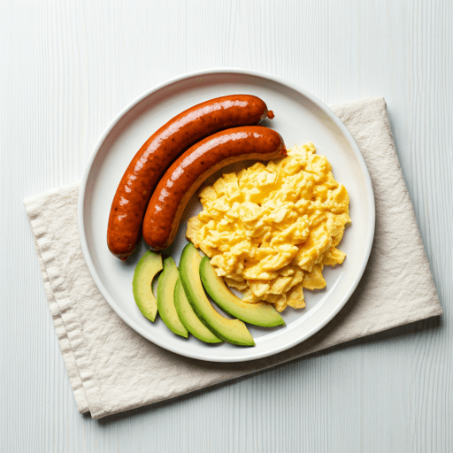Desayuno con salchicha, huevos, pan y palta