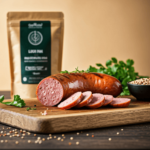 Salchicha gourmet de cuy servida con ingredientes andinos